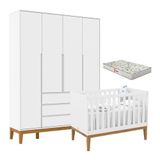 Berço Americano Unique E Guarda Roupa 4 Portas Nature Clean Branco Soft Eco Wood Com Colchão Gazin