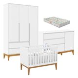 Quarto De Bebê Nature Clean 3 Portas Com Berço Unique Branco Soft Eco Wood E Colchão Gazin - Matic