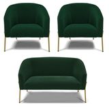 Namoradeira E 2 Poltronas Pé Ferro Dourado Stella Bouclê Verde D03 - D&#39;rossi