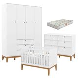 Quarto De Bebe Unique 4 Portas Com Cômoda 6 Gavetas Branco Soft Eco Wood E Colchão Gazin - Matic