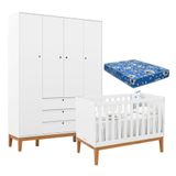 Berço Americano E Guarda Roupa Unique 4 Portas Branco Soft Eco Wood Com Colchão Ortobom - Matic