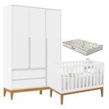 Berço Americano Unique E Guarda Roupa 3 Portas Nature Clean Branco Soft Eco Wood Com Colchão Gazin