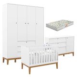 Quarto De Bebe Unique 4 Portas Com Cômoda Sapateira Branco Soft Eco Wood E Colchão Gazin - Matic