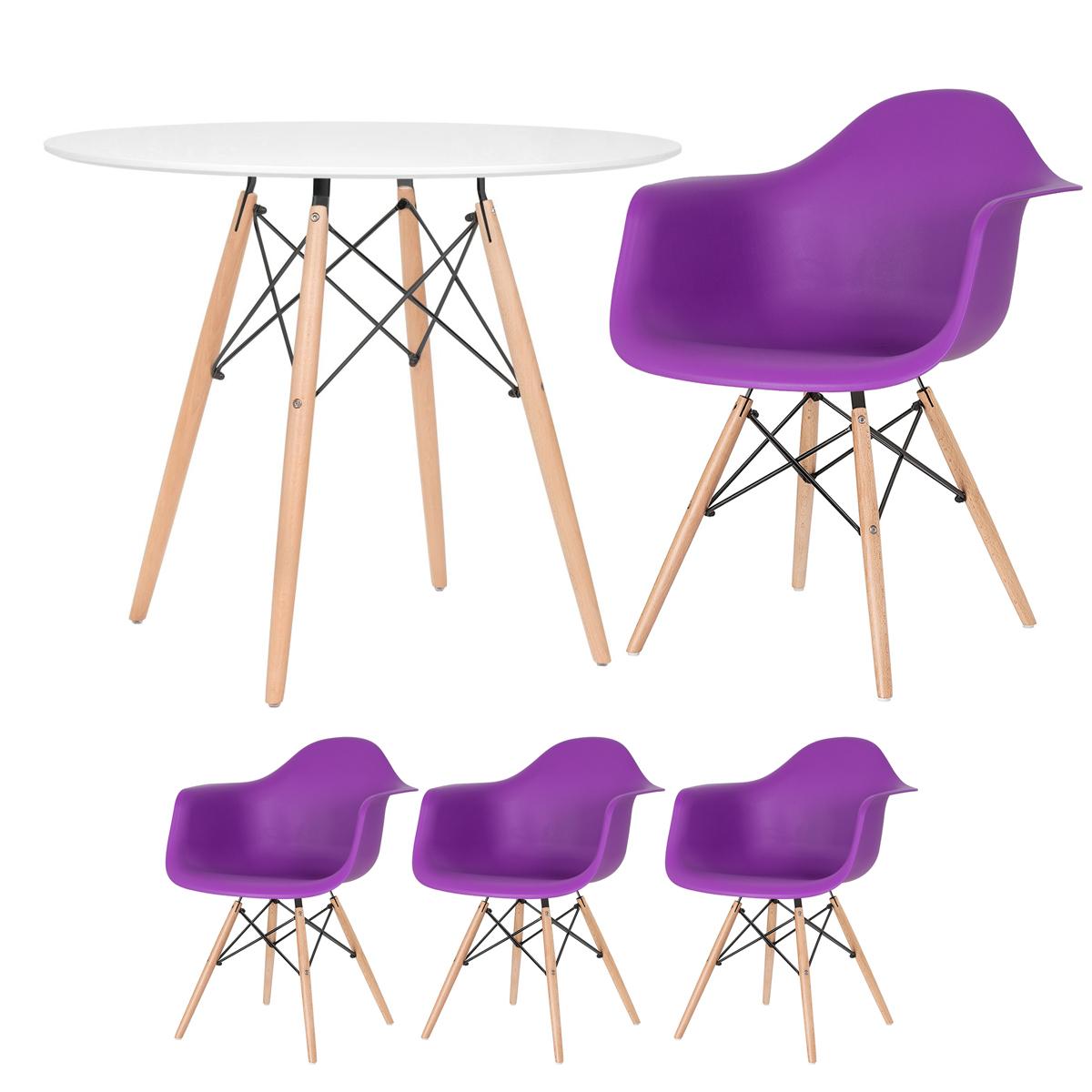 Mesa Redonda Eames 90 Cm Branco + 3 Cadeiras Eiffel Daw Roxo