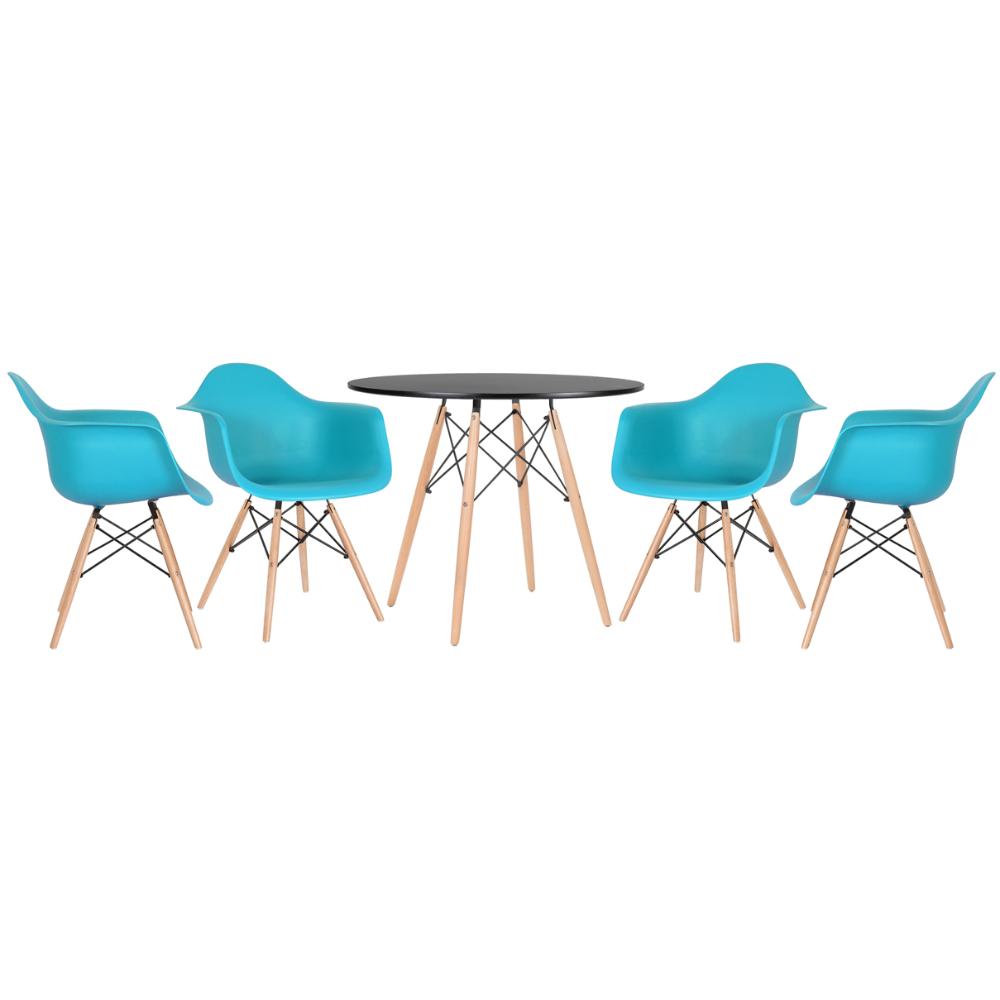 Mesa Redonda Eames 90 Cm Preto + 4 Cadeiras Eiffel Daw Azul Tiffany