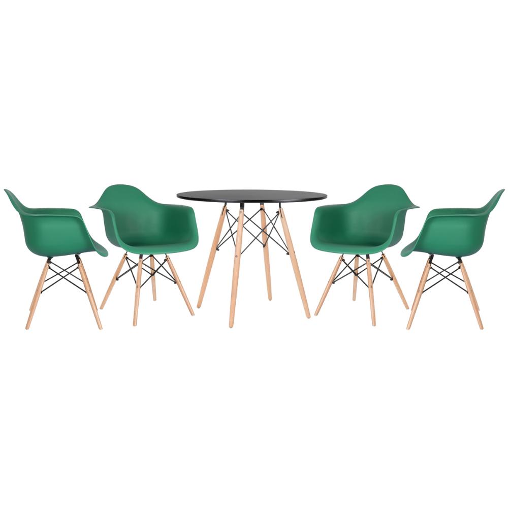 Mesa Redonda Eames 90 Cm Preto + 4 Cadeiras Eiffel Daw Verde Escuro