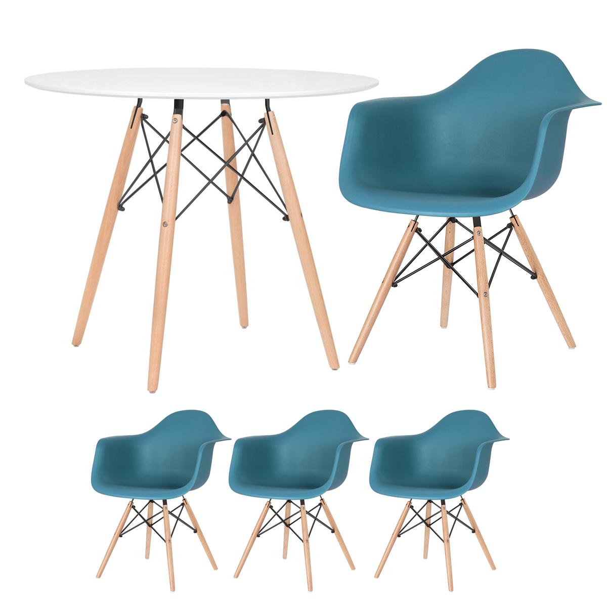 Mesa Redonda Eames 90 Cm Branco + 3 Cadeiras Eiffel Daw Turquesa