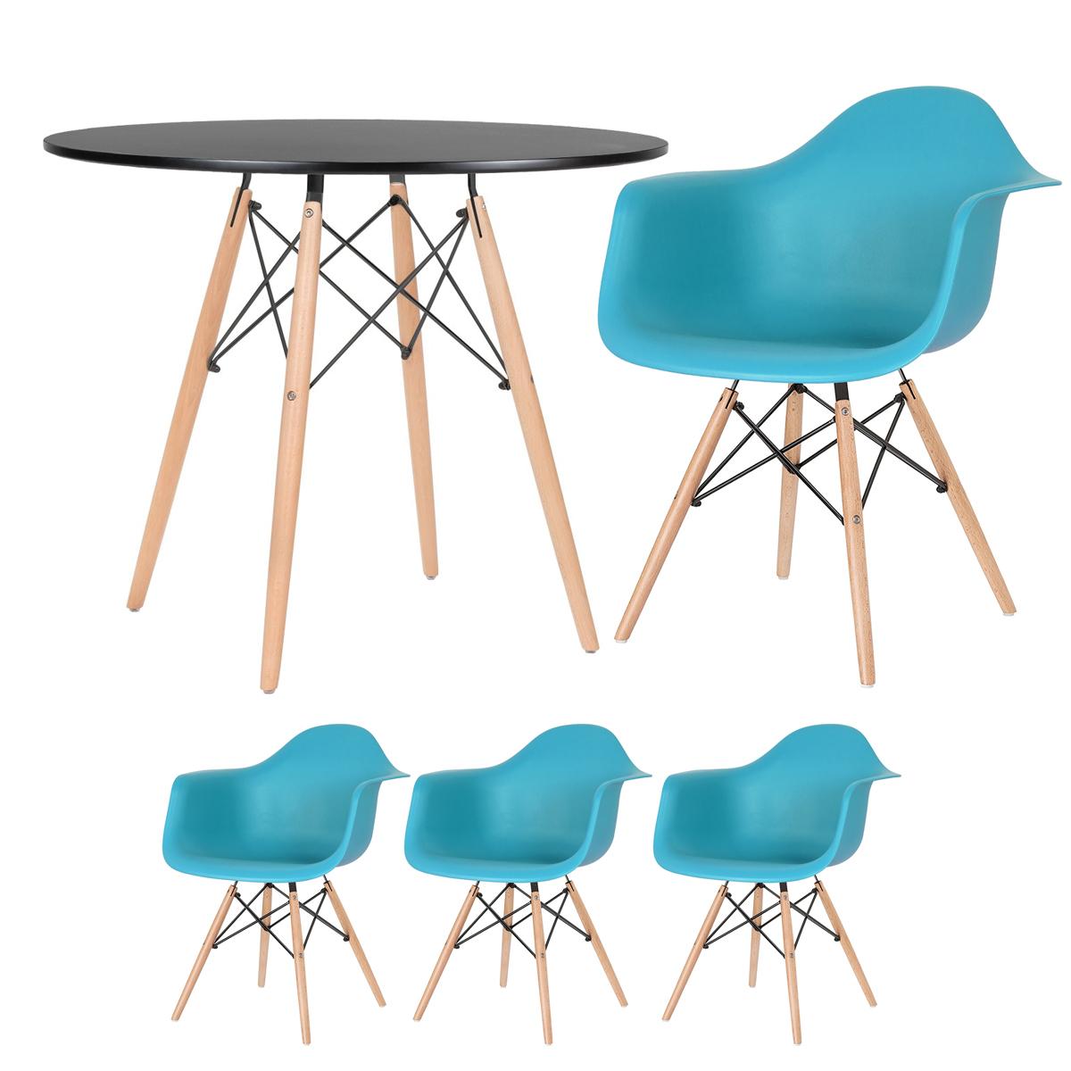 Mesa Redonda Eames 90 Cm Preto + 3 Cadeiras Eiffel Daw Azul Tiffany