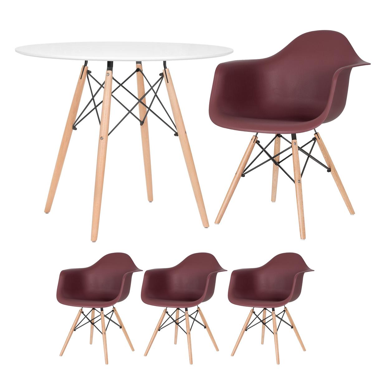 Mesa Redonda Eames 90 Cm Branco + 3 Cadeiras Eiffel Daw Marrom