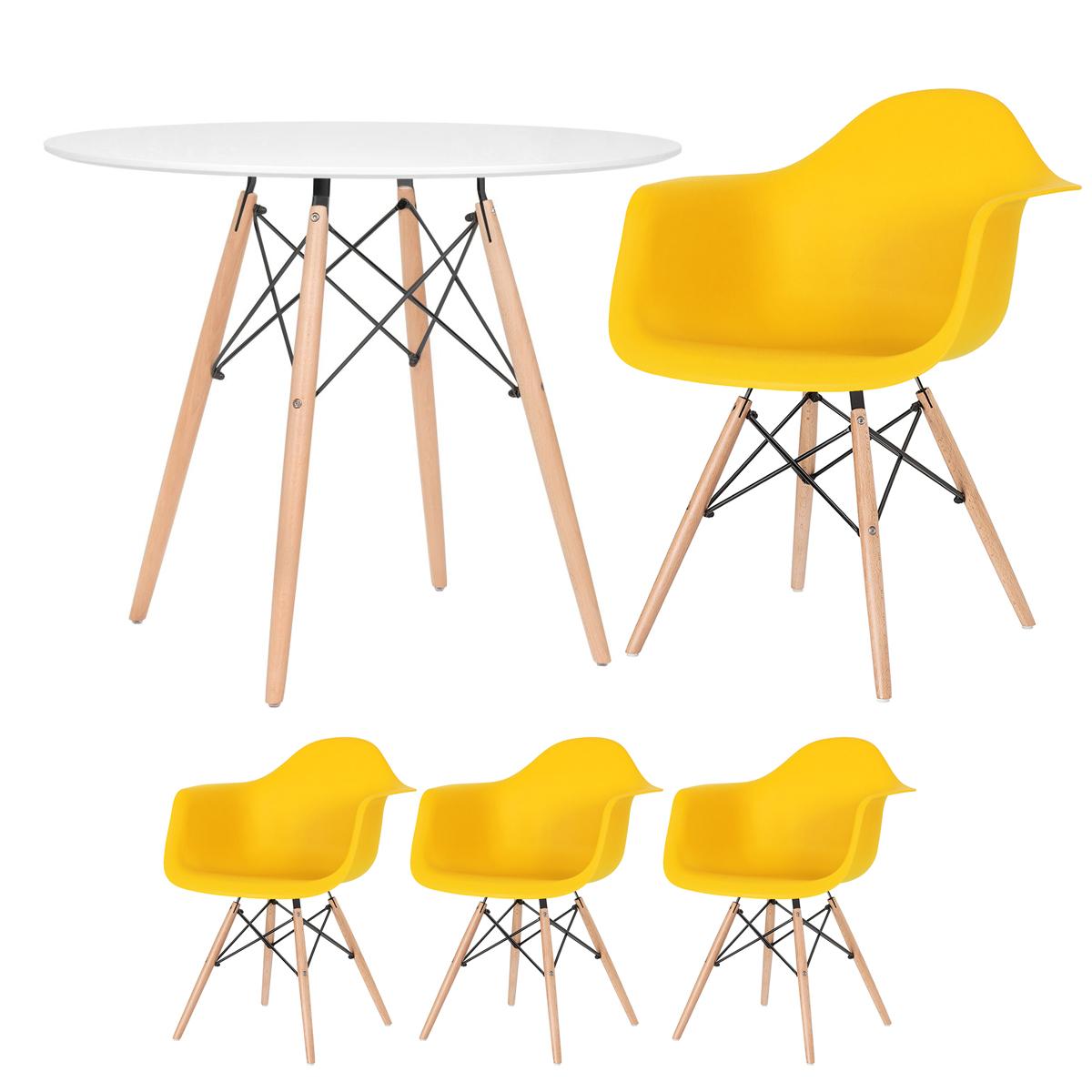 Mesa Redonda Eames 90 Cm Branco + 3 Cadeiras Eiffel Daw Amarelo