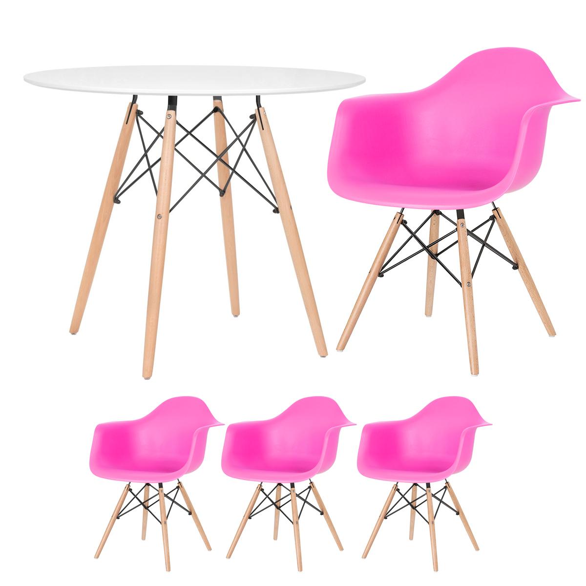 Mesa Redonda Eames 90 Cm Branco + 3 Cadeiras Eiffel Daw Rosa Pink