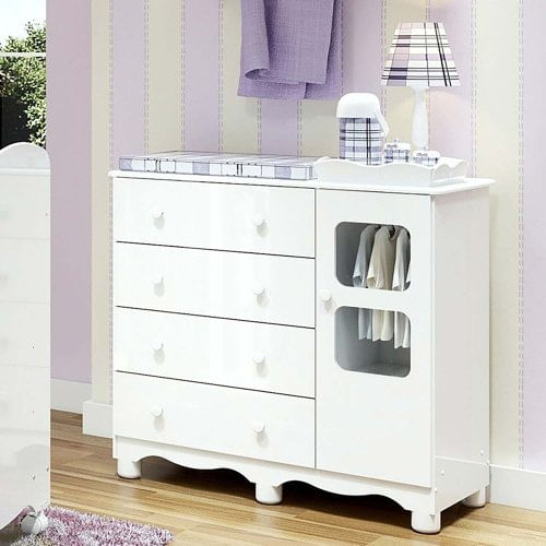 Cômoda Infantil 1 Porta com Janela 4 Gavetas 100% MDF Mimo Branco Brilho