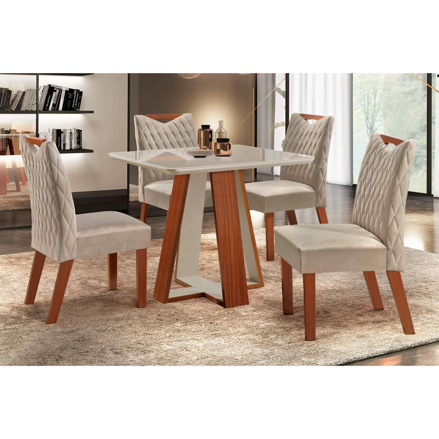 Conjunto Sala De Jantar Mesa 90x90cm Tampo Vidro/mdf Com 4 Cadeiras Grécia Espresso Móveis Castanho Prêmio/off White