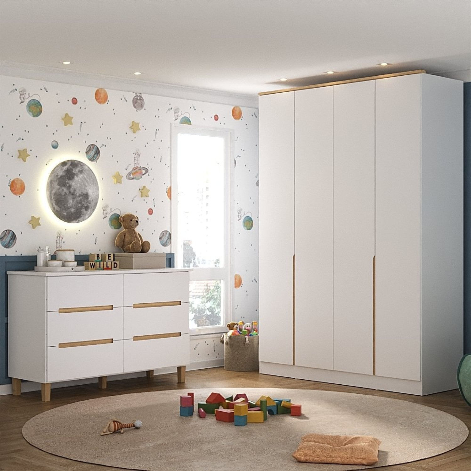 Quarto Infantil Com Guarda-roupa E Cômoda Sky Branco/olmo Italiano