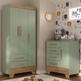 Quarto Infantil Completo Guarda Roupa 3 Portas 2 Gavetas Com Cômoda Selene Espresso Móveis Verde Fosco/nature