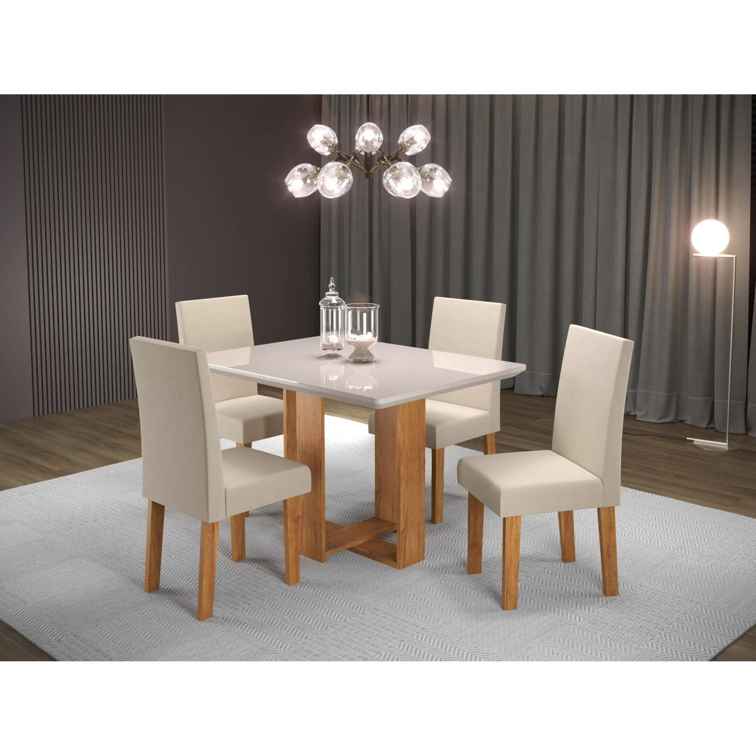 Conjunto Sala De Jantar Mesa Ville Tampo Vidro/mdf Com 4 Cadeiras Venus Viero Mel/bege/off White