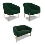 Namoradeira E 2 Poltronas Pé Ferro Dourado Stella Bouclê D03 - D&#39;rossi Cor Verde