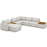 Sofá De Canto Com Chaise E Mesa Lateral Sala De Estar Living 347cm Gales M03 Linho Cru - Lyam Decor