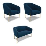 Namoradeira E 2 Poltronas Pé Ferro Dourado Stella Bouclê D03 - D&#39;rossi Cor Azul