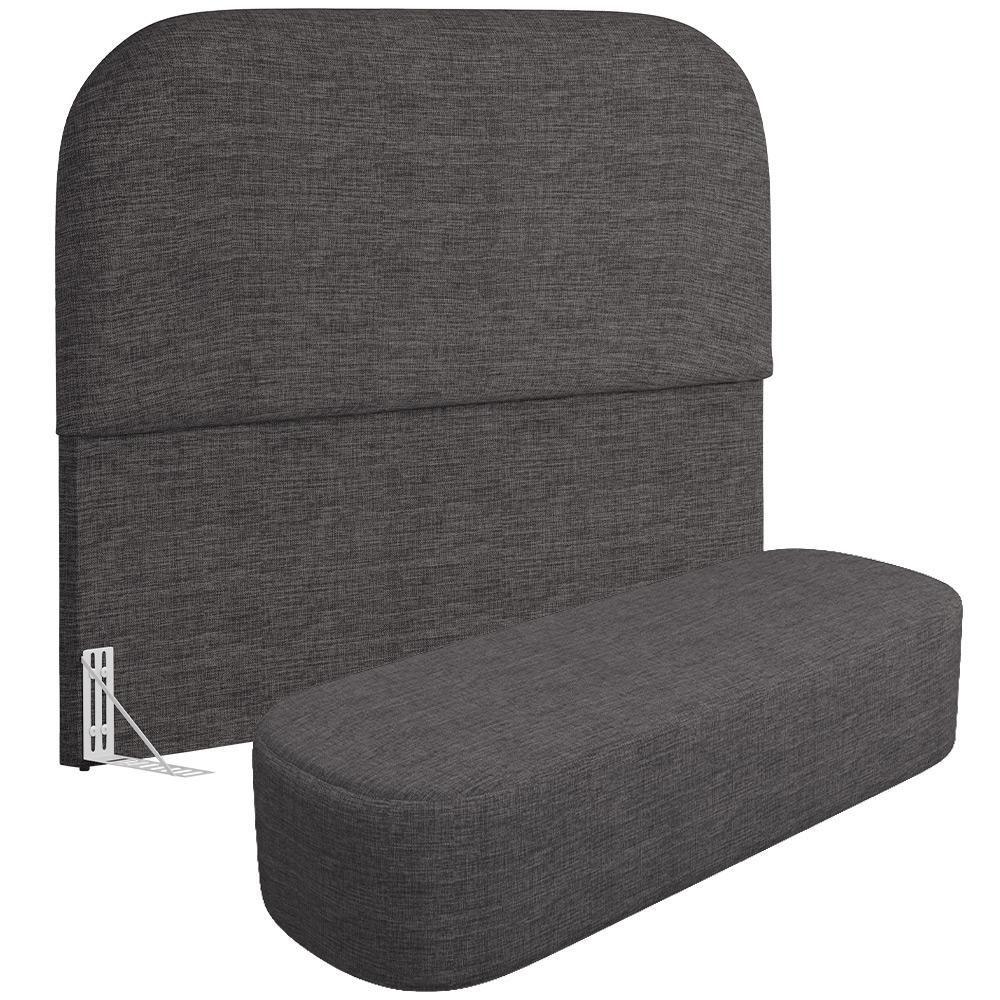 Cabeceira Cama Box Casal 140cm Lanna Com Puff Recamier Doha W01 Linho Cinza Escuro - Lyam Decor