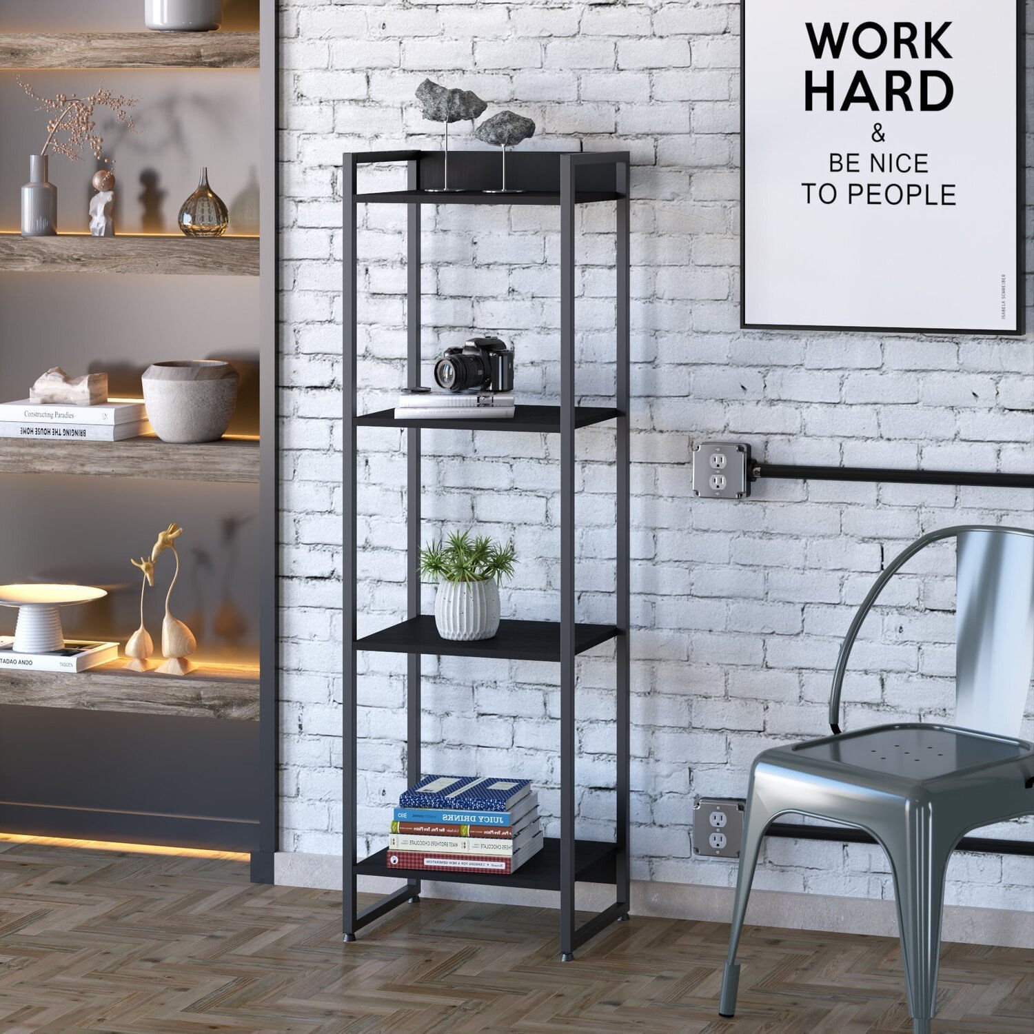 Estante Para Livros Industrial Multiuso 4 Prateleiras 146x45cm Dynamica Yescasa Preto Onix/preto