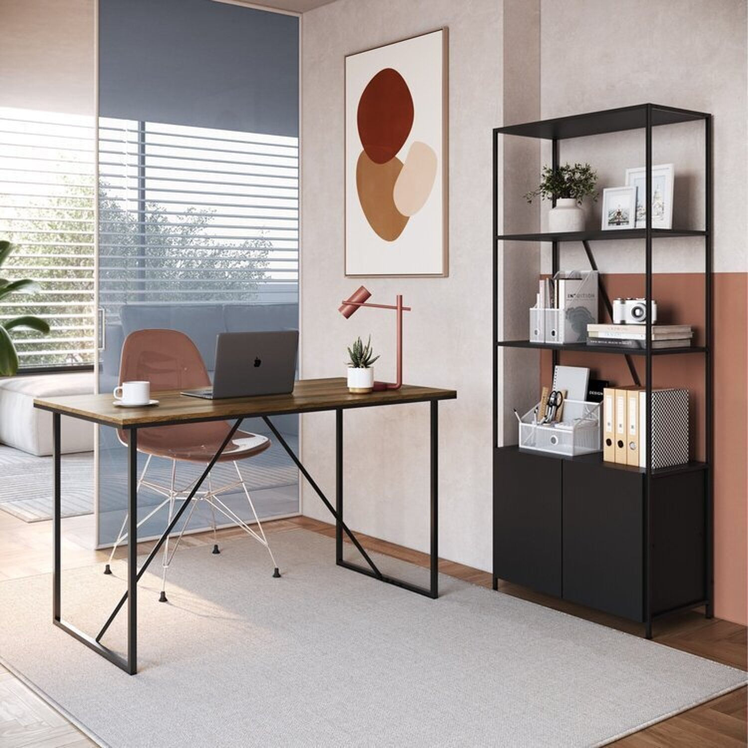 Escritorio Home Office 2 Itens Com Mesa Office E Bibilioteca Livreiro Com 2 Portas Noce Oro / Preto