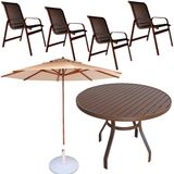 Conjunto Lótus Com Mesa 80cm Ripada + 4 Poltronas + Ombrelone 2,40m Com Base Marrom