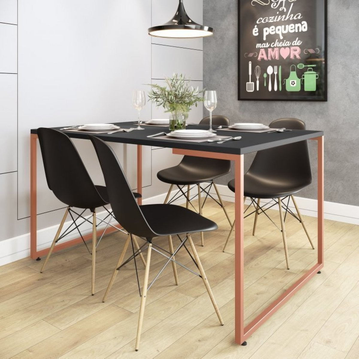 Conjunto Mesa De Jantar Industrial Com 4 Cadeiras Base Madeira Eames Espresso Móveis Cobre/preto