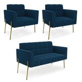 Namoradeira E 2 Poltronas Pé De Ferro Dourado Elisa Bouclê Azul D03 - D&#39;rossi