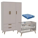 Berço Americano Retrô Gold E Guarda Roupa 3 Portas Retrô Cinza Soft Eco Wood Com Colchão Ortobom