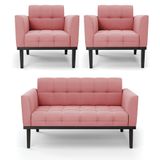 Conjunto 2 Poltronas E 1 Namoradeira Decorativa Karen Pés Fixo Em Madeira Preto Suede Rose G19 - Gran Belo