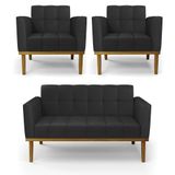 Conjunto 2 Poltronas E 1 Namoradeira Decorativa Karen Pés Fixo Em Madeira Castanho Pu Preto G19 - Gran Belo