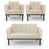 Conjunto 2 Poltronas E 1 Namoradeira Decorativa Karen Pés Fixo Em Madeira Preto Pu Bege G19 - Gran Belo