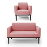 Conjunto Poltrona E Namoradeira Decorativa Isabella Pés Fixo Em Madeira Preto Suede Rose G19 - Gran Belo