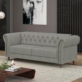 Sofá Living Sala De Estar Stanford Chesterfield 2 Lugares 200cm Pés De Madeira Couro Cinza G58 - Gran Belo