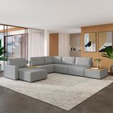 Sofá De Canto Decorativo 603cm Modulado Takashi Com Chaise E Puffs Linho Cinza G45 - Gran Belo