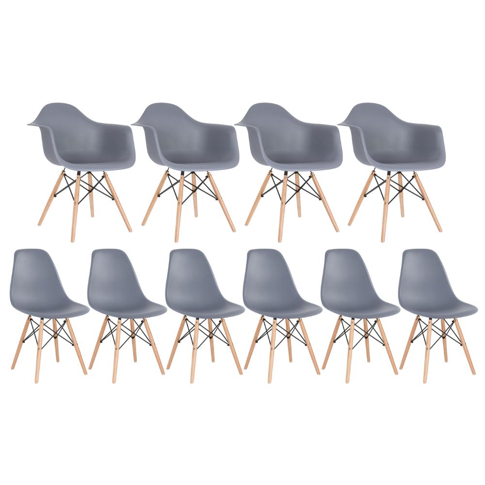 Kit 4 Cadeiras Eames Daw Com Braços + 6 Cadeiras Eiffel Dsw Cinza Escuro