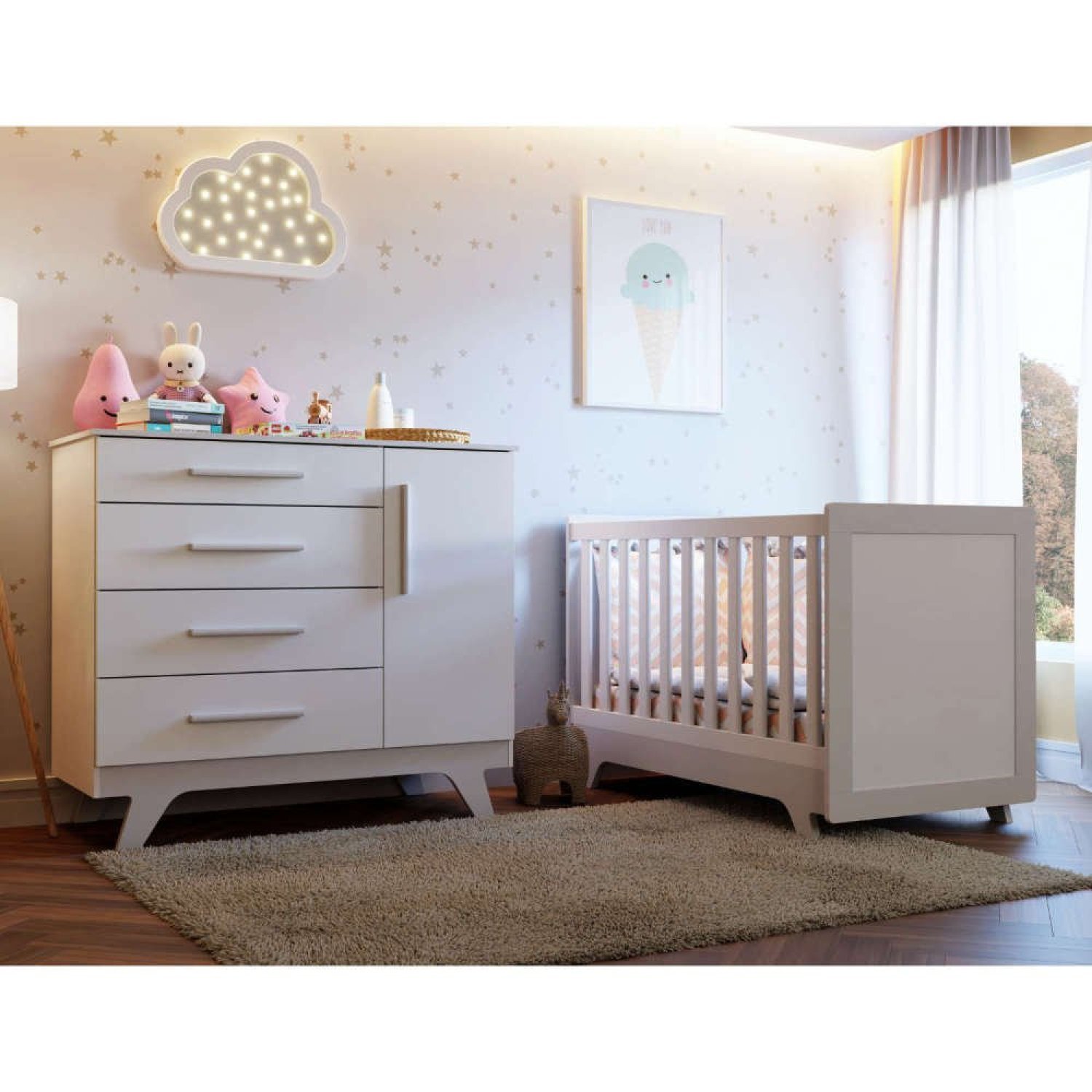 Quarto De Bebê Com Cômoda E Berço 100% Mdf Jolie Retrô Branco Brilho/cinza