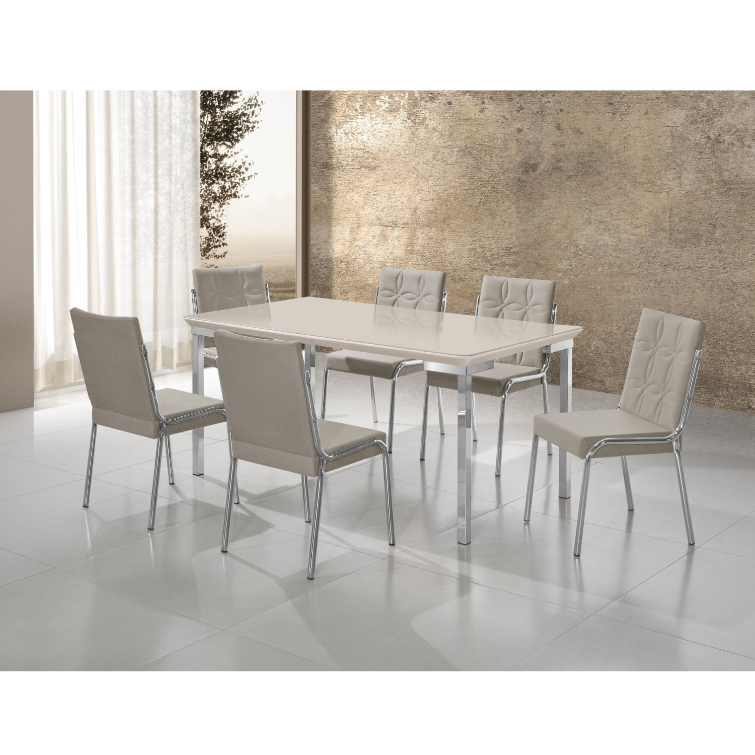 Conjunto Sala De Jantar Mesa Iza New Tampo Mdf/vidro 6 Cadeiras Natani New Cromado/bege/off White