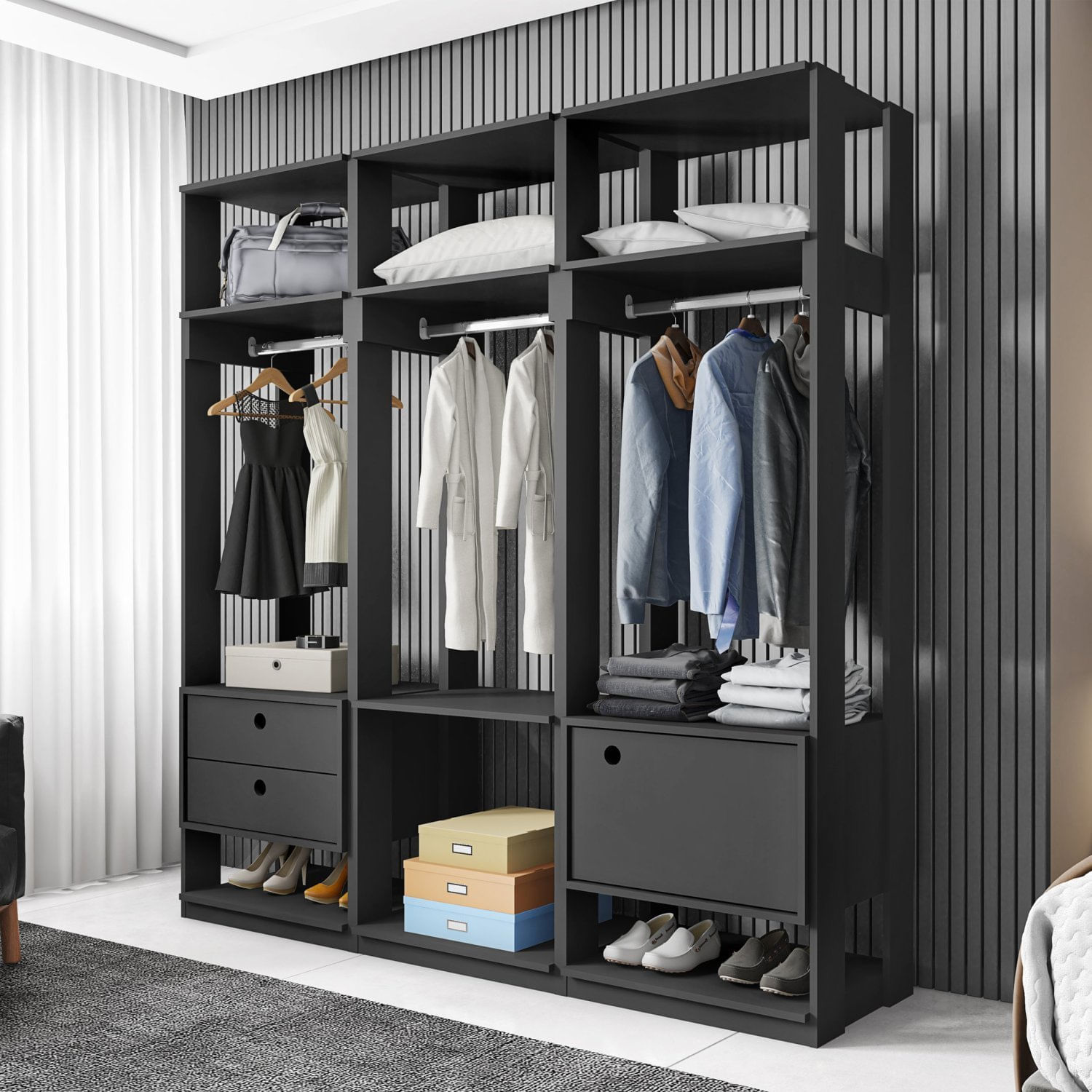 Conjunto Closet Modulado Com 3 Cabideiros 1 Porta 2 Gavetas Titan Espresso Móveis Preto Velluto