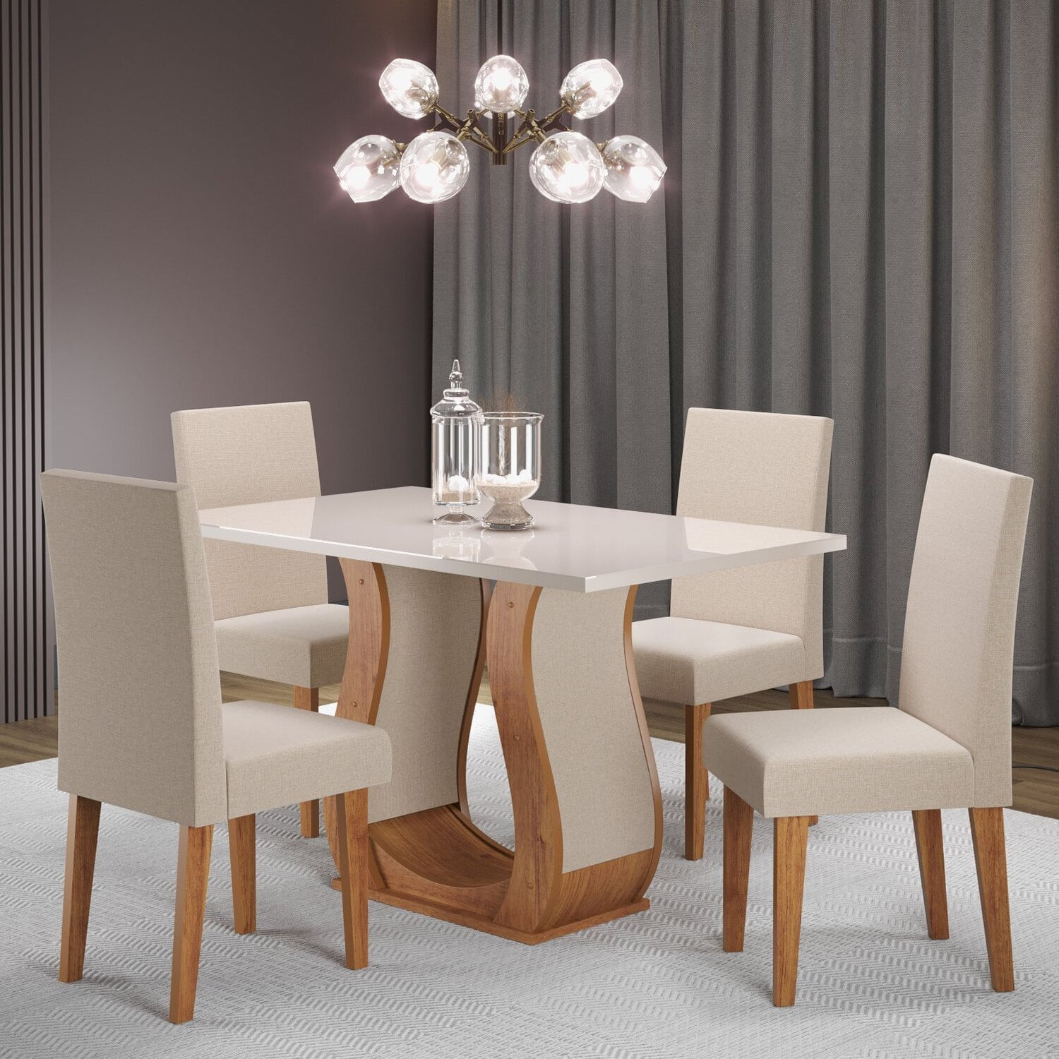 Mesa De Jantar Retangular 120x80cm Inovare Com 4 Cadeiras Venus Mel/off White/bronze