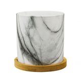 Vaso Porcelana Detalhes Preto Estilo Mármore Base Bambu 9.5x9x9cm