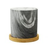 Vaso Porcelana Preto Estilo Mármore Base Bambu 9.5x9x9cm