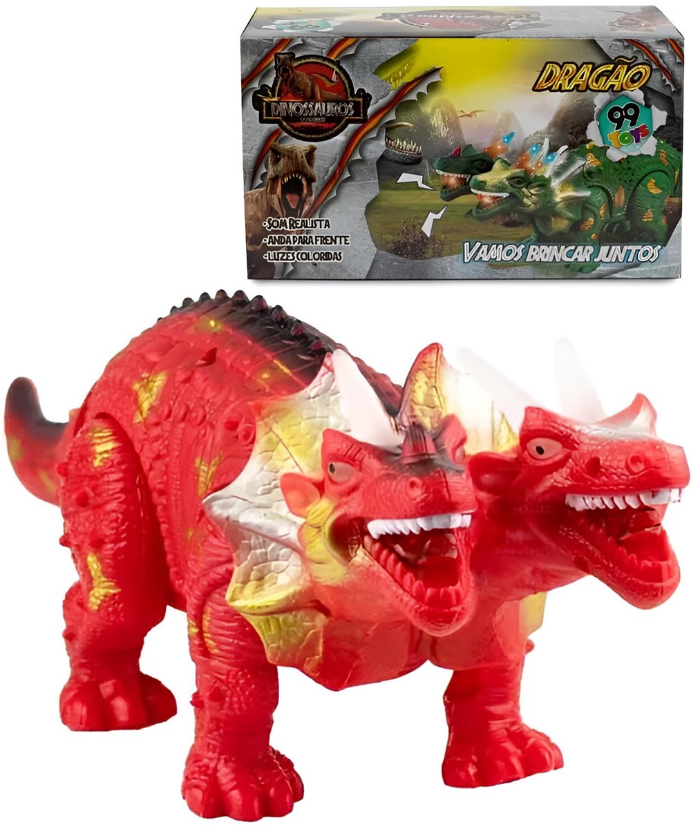 Dinossauro Dragão Brinquedo Com 2 Cabeças Luzes Led Vermelho