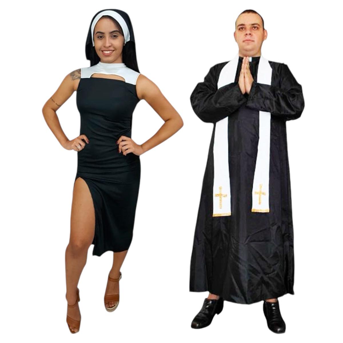 Fantasia De Casal Religioso Padre Diácono E Freira Noviça Rebelde Irmã Festa Carnaval Bloquinho Zumbi Halloween Terror