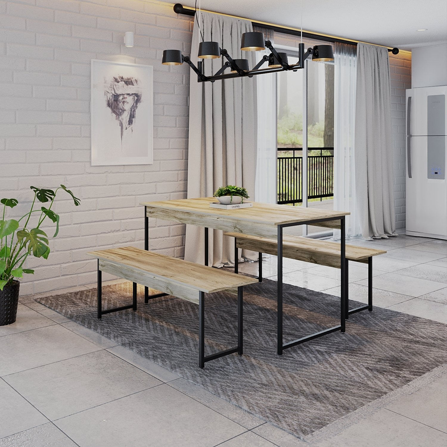 Conjunto Mesa De Jantar Com 2 Bancos Estilo Industrial Active Yescasa Carvalho