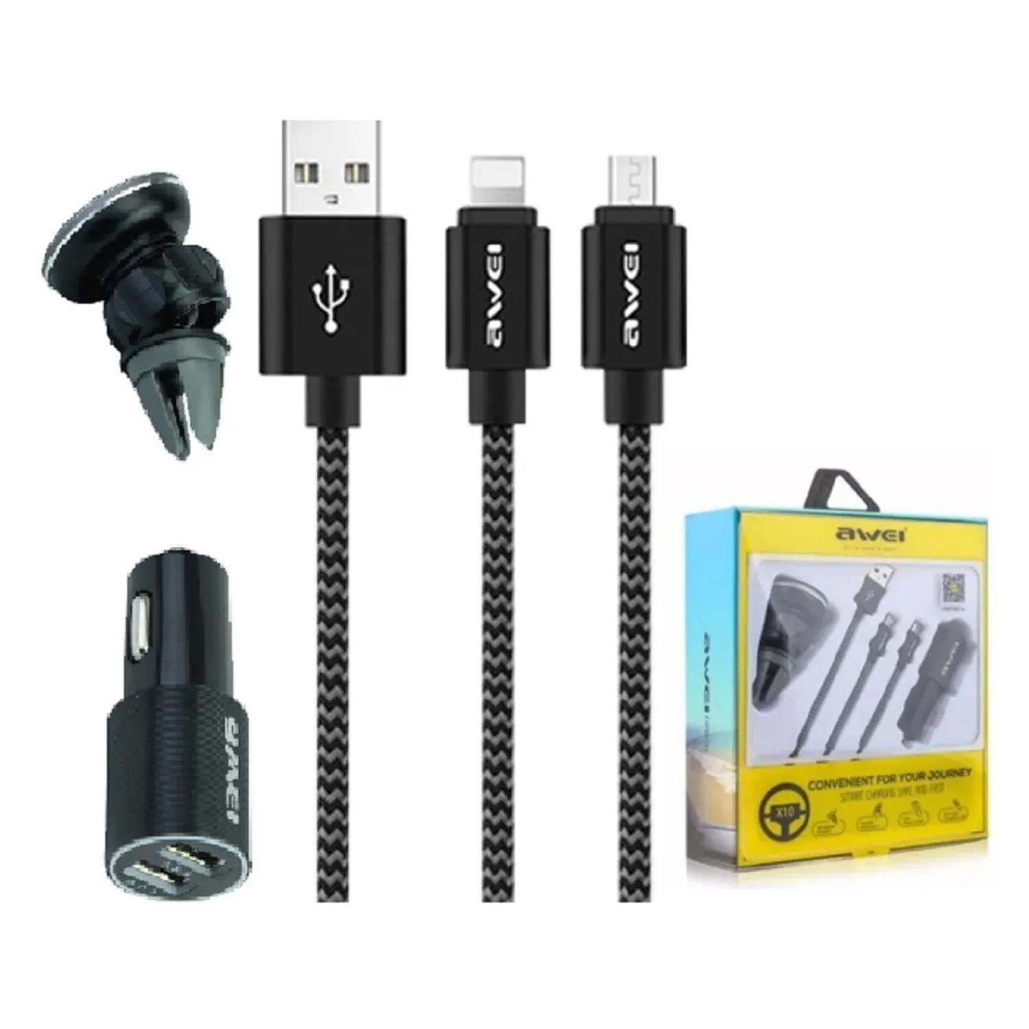 Carregador De Carro, Suporte Para Celular, Kit De Carro Awei X10 3 Em 1