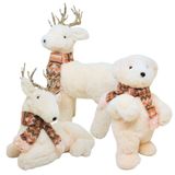 Jogo Renas E Urso Decorativo Natal Pelúcia Creme Cachecol Crochê Rosê 37cm - Master Christmas