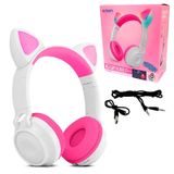 Fone De Ouvido Headphone Orelha De Gato Branco Com Rosa Sem Fio Bluetooth Hf-c290bt Exbom