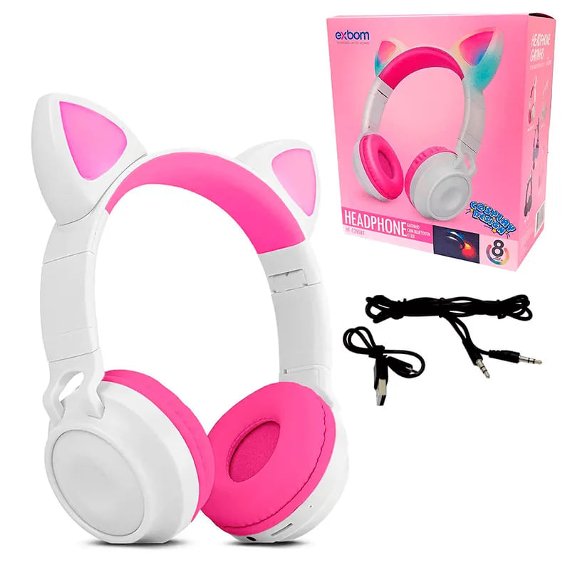 Fone De Ouvido Headphone Orelha De Gato Branco Com Rosa Sem Fio Bluetooth Hf-c290bt Exbom